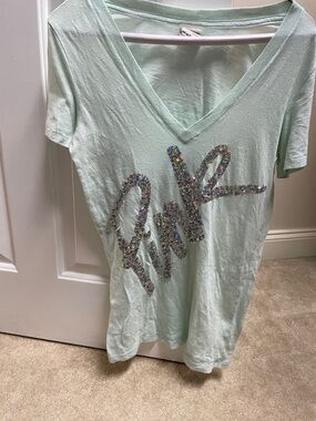 PINK Victoria's Secret Light Mint Green Sequin Logo V-Neck Tee